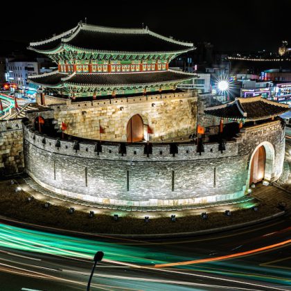 A high angle shot of the magnificent Paldalmun Fort captured at night in Suwon-si, South Korea