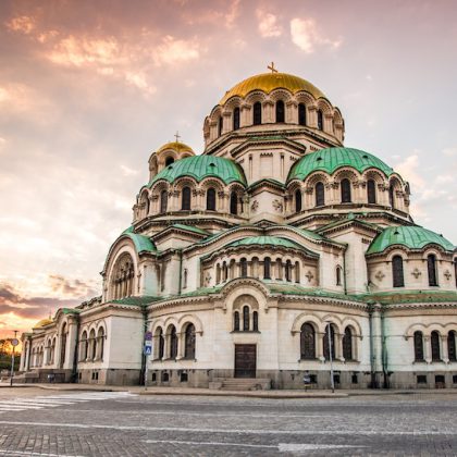 St. Alexander Nevsky Cathedral in the center of Sofia, capital of Bulgaria against the sunset sky.